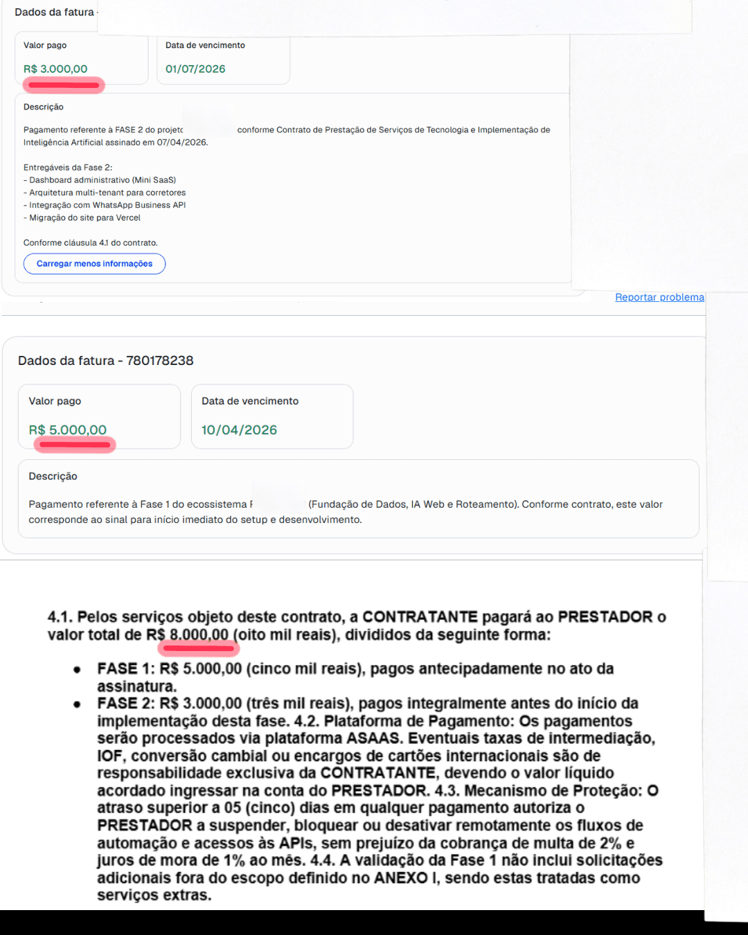 Contrato e faturas pagas do projeto de R$ 8.000 com dados ocultados